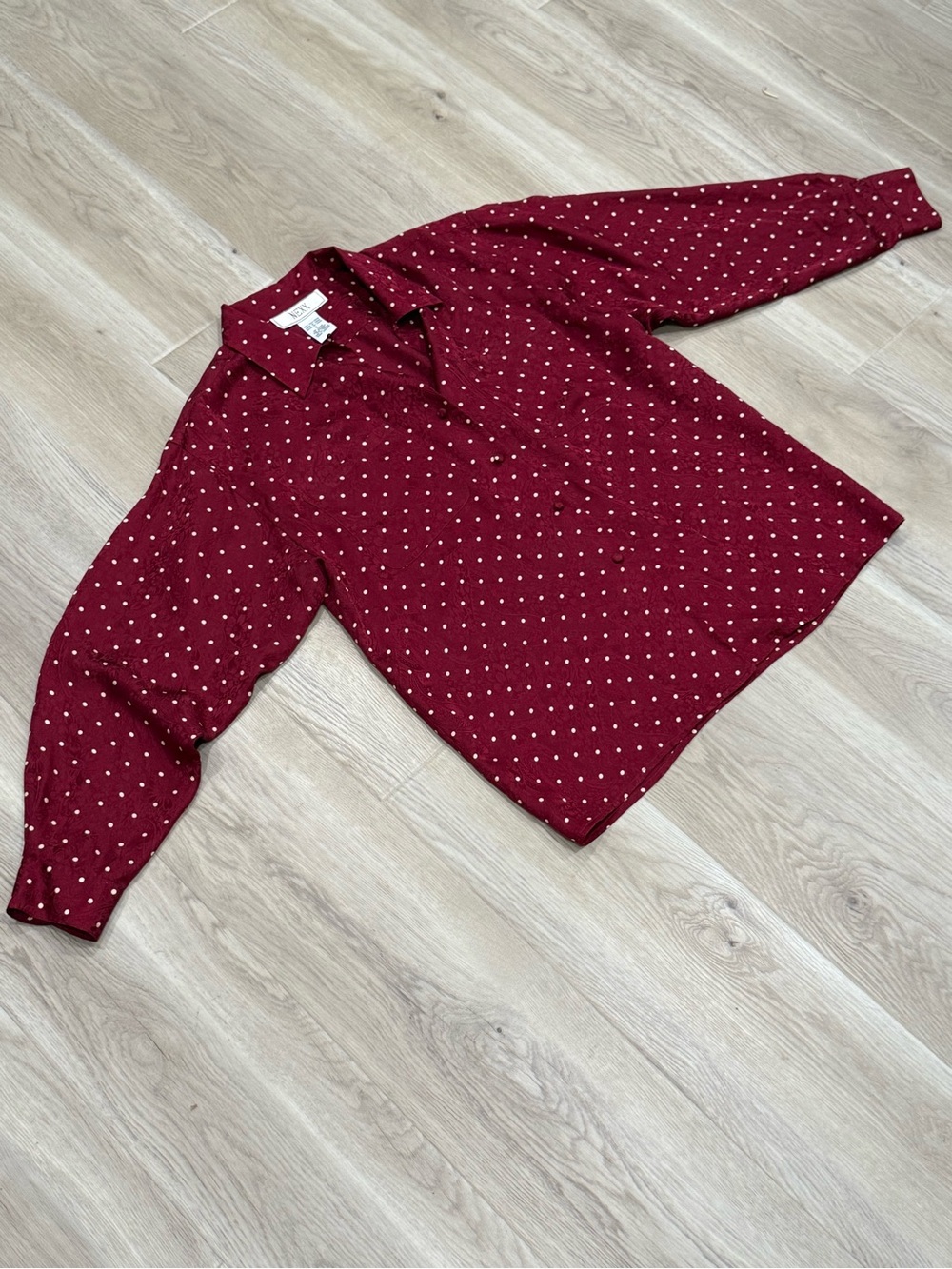 100% Silk Burgundy Paisley Polka Dot Blouse Billowy Sleeves Size S